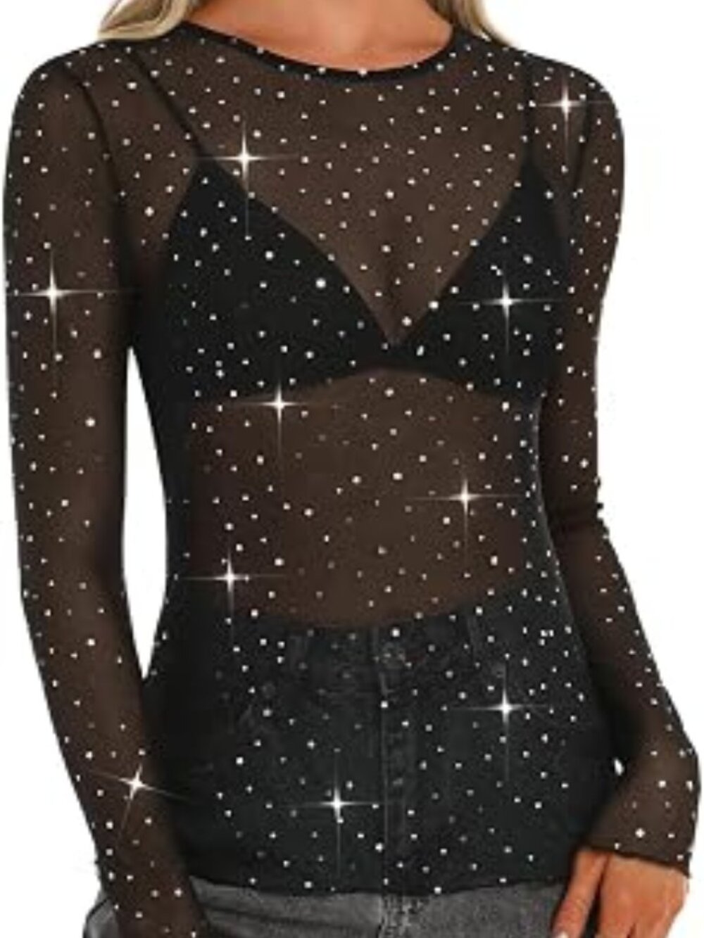 Women's Mesh Long Sleeve Tops Crew Neck Sexy